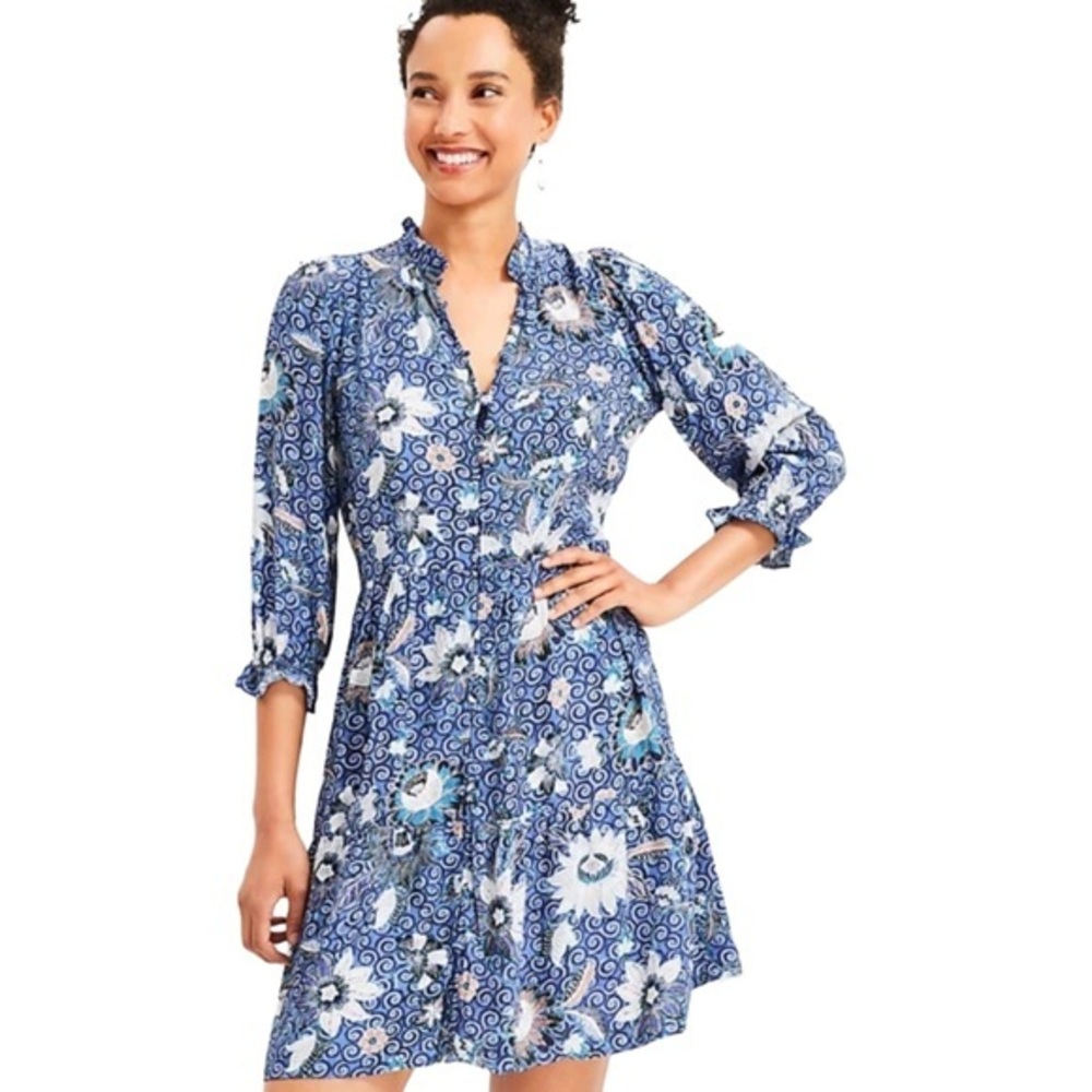 LOFT Floral Mini Dress in Blue and White